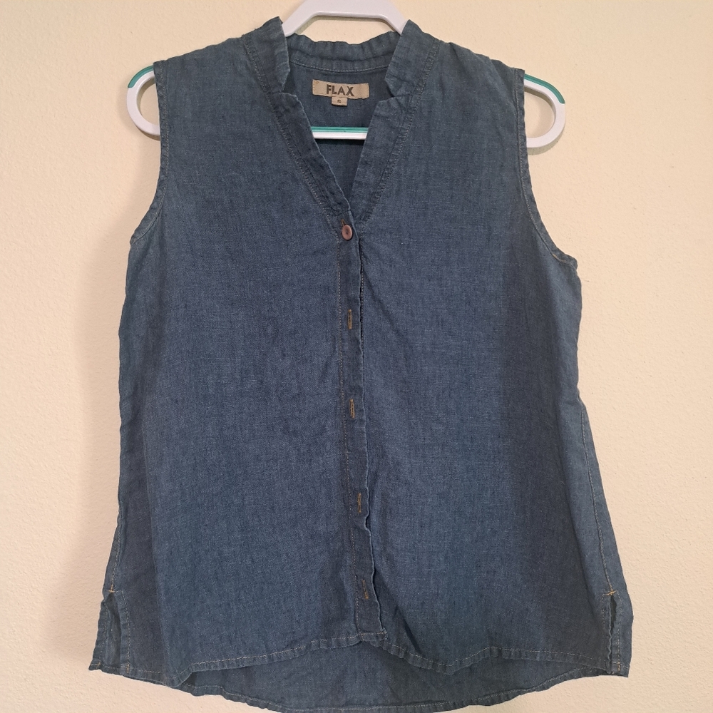 Flax Blue Sleeveless Button Down Shirt with Mandarin Collar